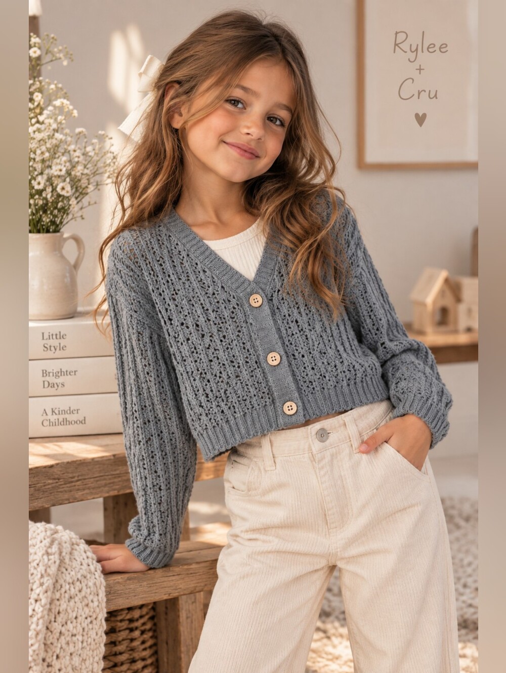 RYLEE + CRU Kids Girls Knit Cardigan Gray Button 100%‎ Cotton Cozy Size 6-7Y